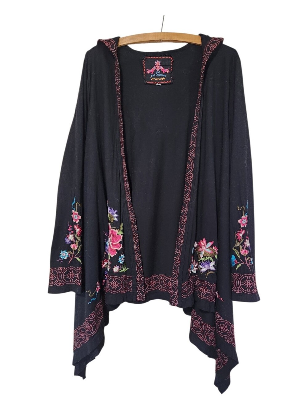 Johnny Was Floral Embroidered Waterfall Open Front Hooded Cardigan Large